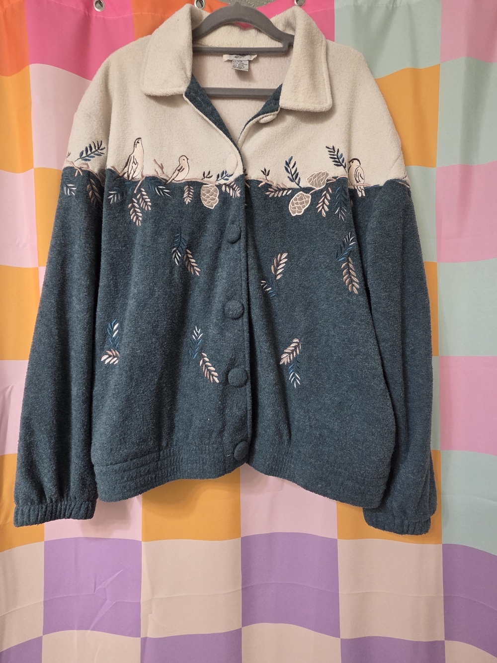 Vintage Teddi Cozy Bird-Embroidered Button Front Sweater Jacket - Cream & Teal